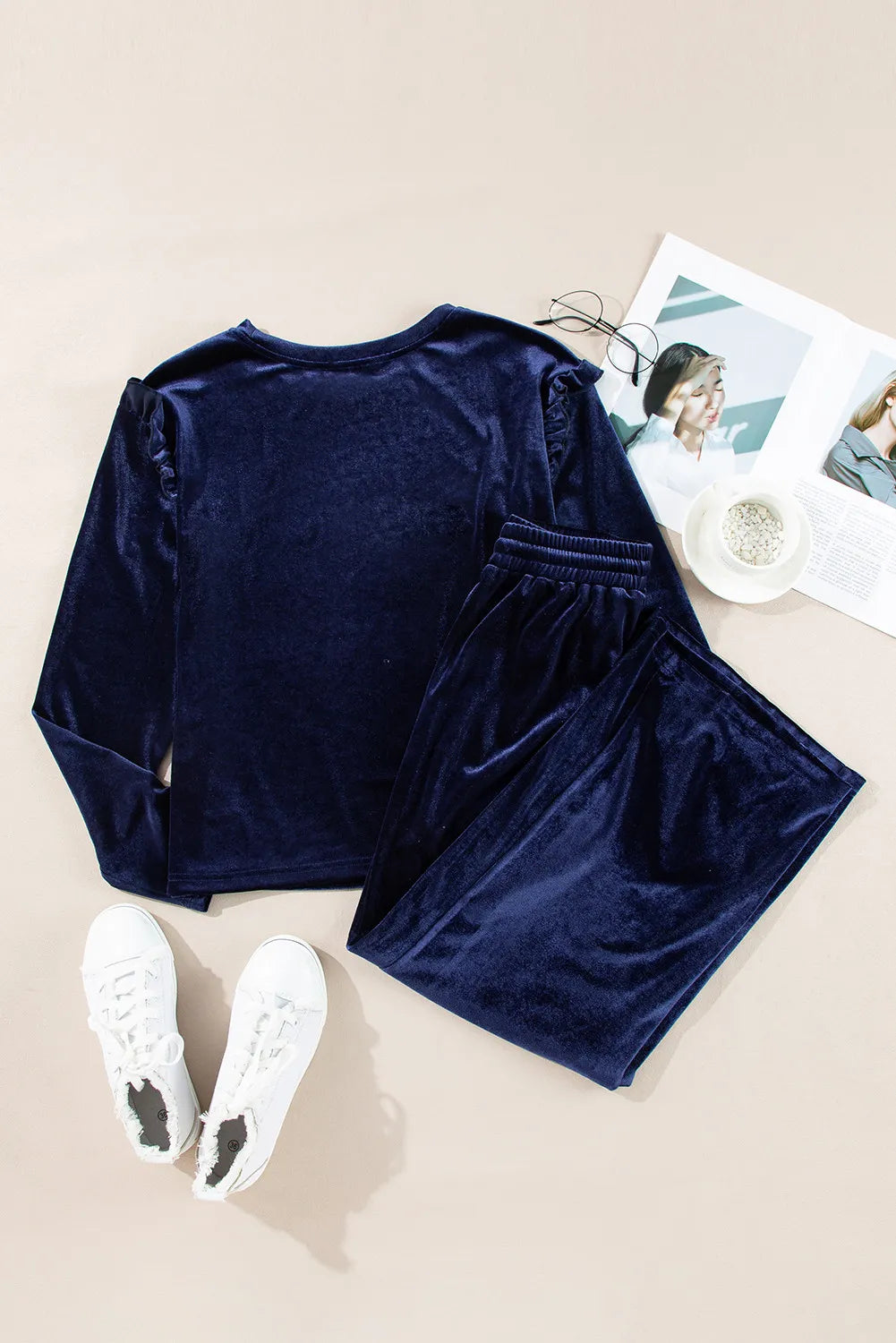 Velvet Round Neck Long Sleeve Top and Drawstring Pants Lounge Set-TOPS / DRESSES-[Adult]-[Female]-2022 Online Blue Zone Planet