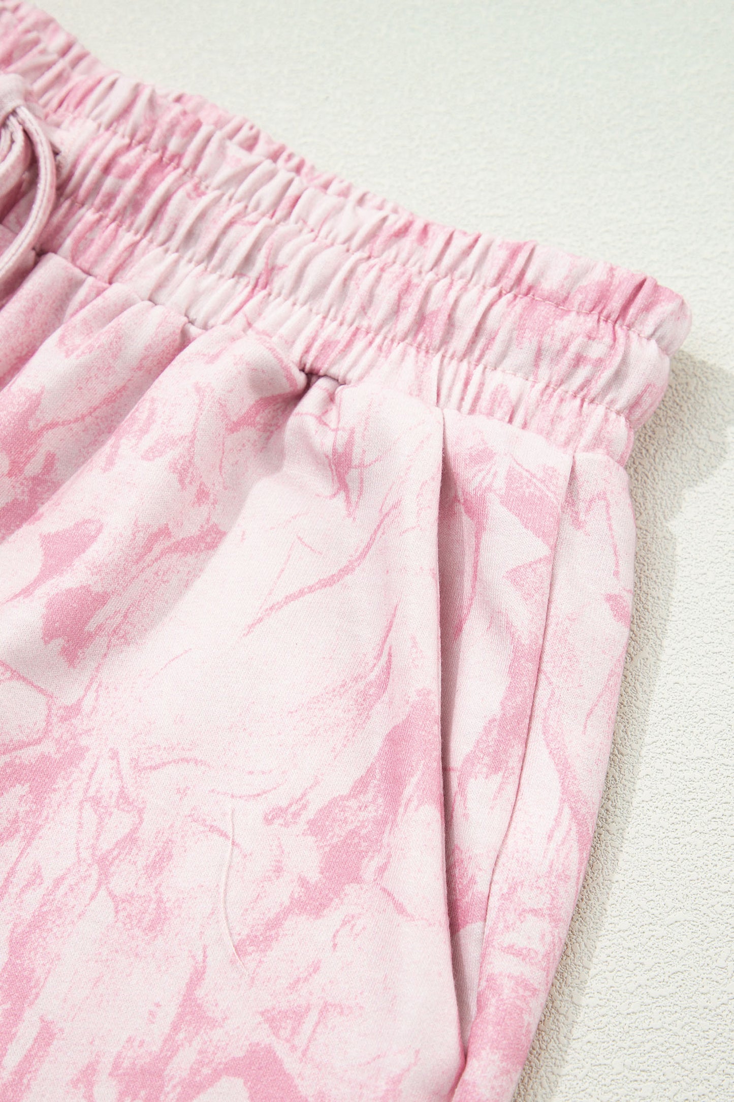 Pink Abstract Print V Neck Loose Tee Drawstring Shorts 2pcs Outfit-Two Piece Sets/Short Sets-[Adult]-[Female]-2022 Online Blue Zone Planet