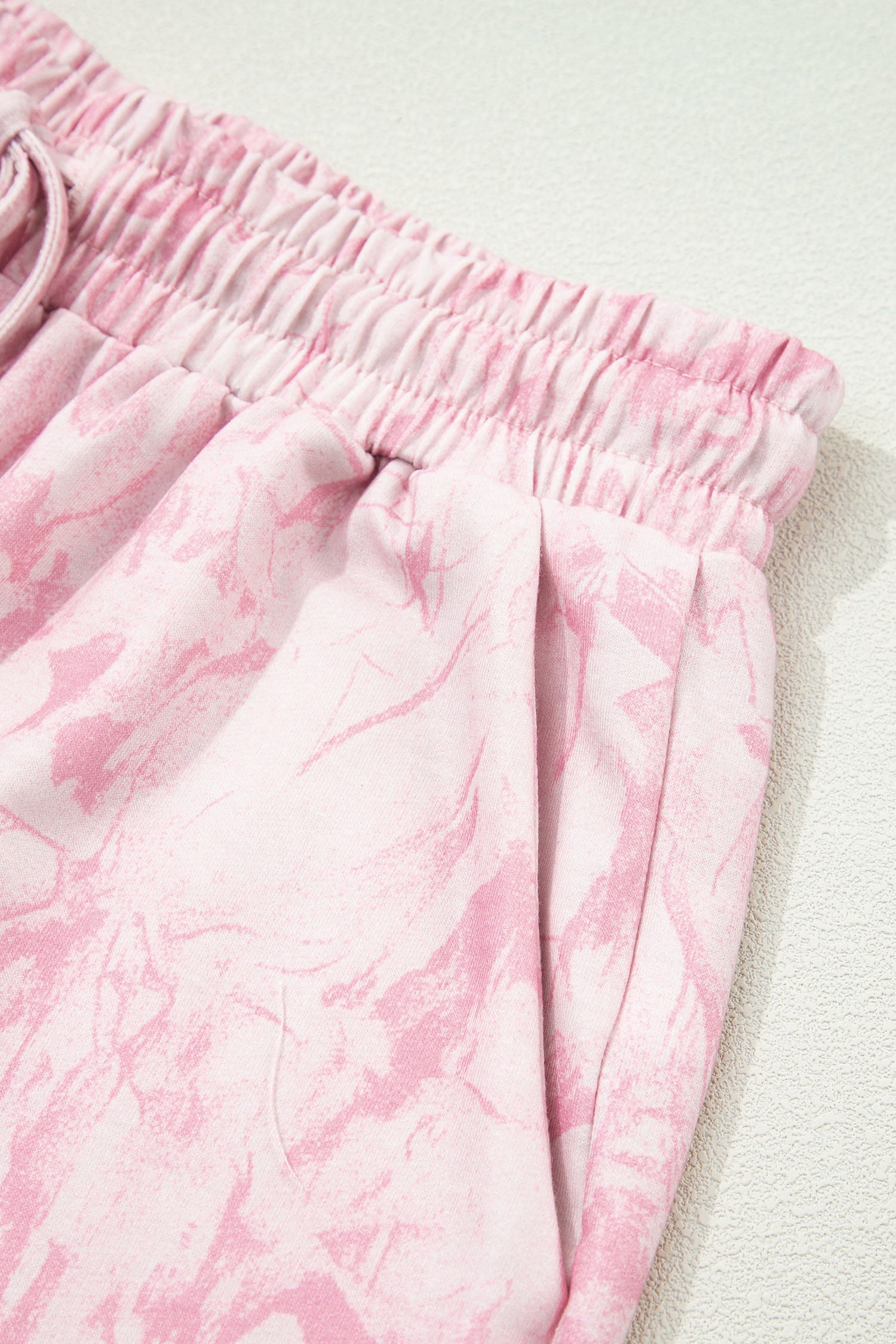 Pink Abstract Print V Neck Loose Tee Drawstring Shorts 2pcs Outfit-Two Piece Sets/Short Sets-[Adult]-[Female]-2022 Online Blue Zone Planet