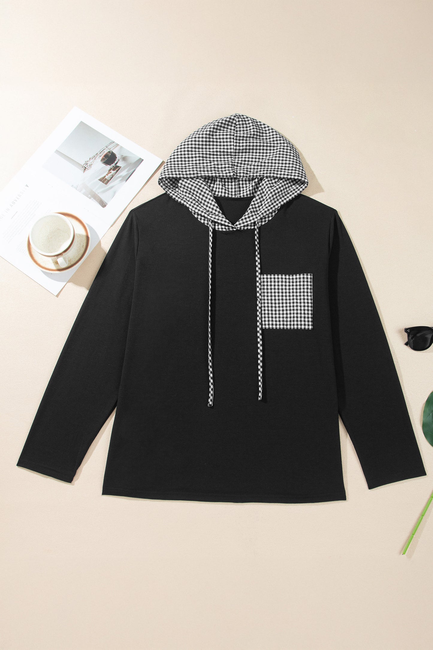 Black Hooded Gingham Paneling Chest Patch Pocket Long Sleeve Plus Size Blouse-Tops / Dresses-[Adult]-[Female]-2022 Online Blue Zone Planet