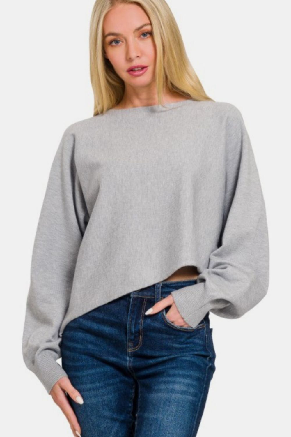 Zenana Asymmetric Hem Long Sleeve Sweater-TOPS / DRESSES-[Adult]-[Female]-2022 Online Blue Zone Planet