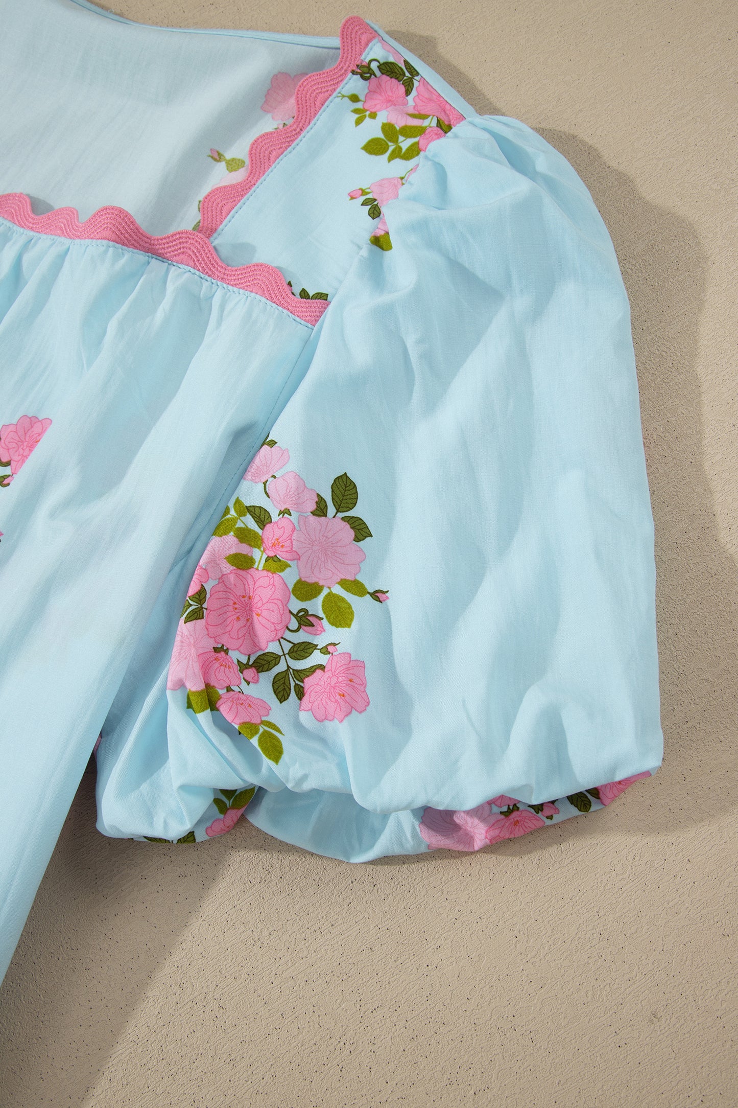 Sky Blue Floral Printed Contrast Ricrac Detail Bubble Sleeve Blouse-Tops/Blouses & Shirts-[Adult]-[Female]-2022 Online Blue Zone Planet