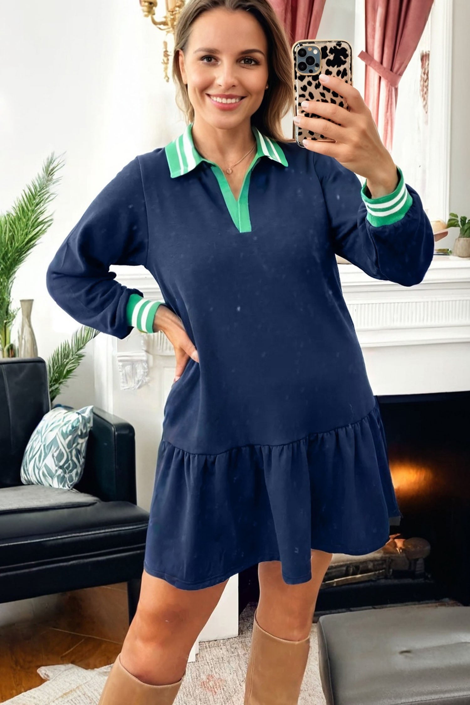 Navy Blue Contrast Striped Cuffs Polo Collar Patchwork Long Sleeve Ruffle Hem Mini Dress-TOPS / DRESSES-[Adult]-[Female]-2022 Online Blue Zone Planet