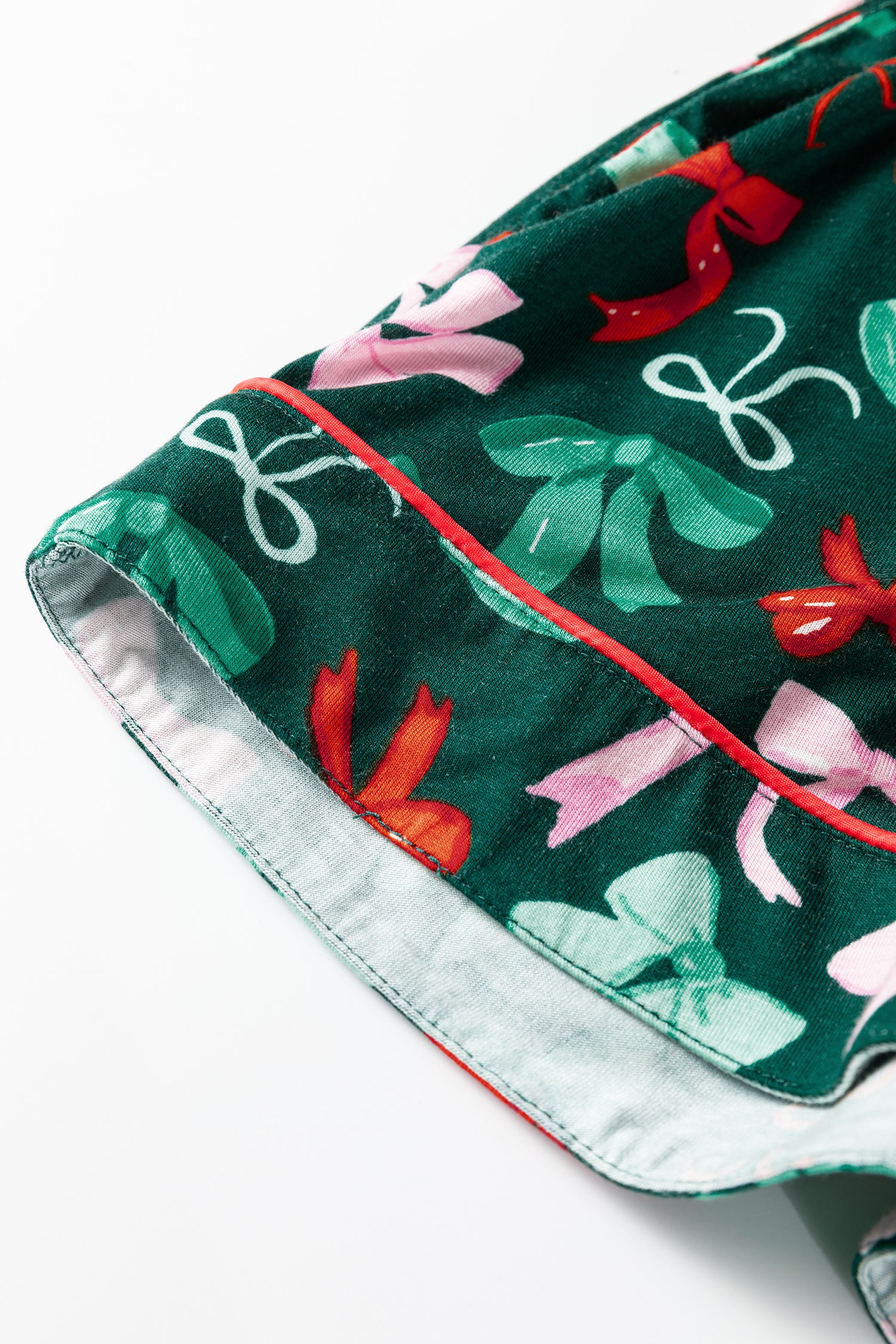 Green Festive Bow Print Long Sleeve Shirt and Pajama Short Set-Loungewear & Sleepwear/Loungewear-[Adult]-[Female]-2022 Online Blue Zone Planet