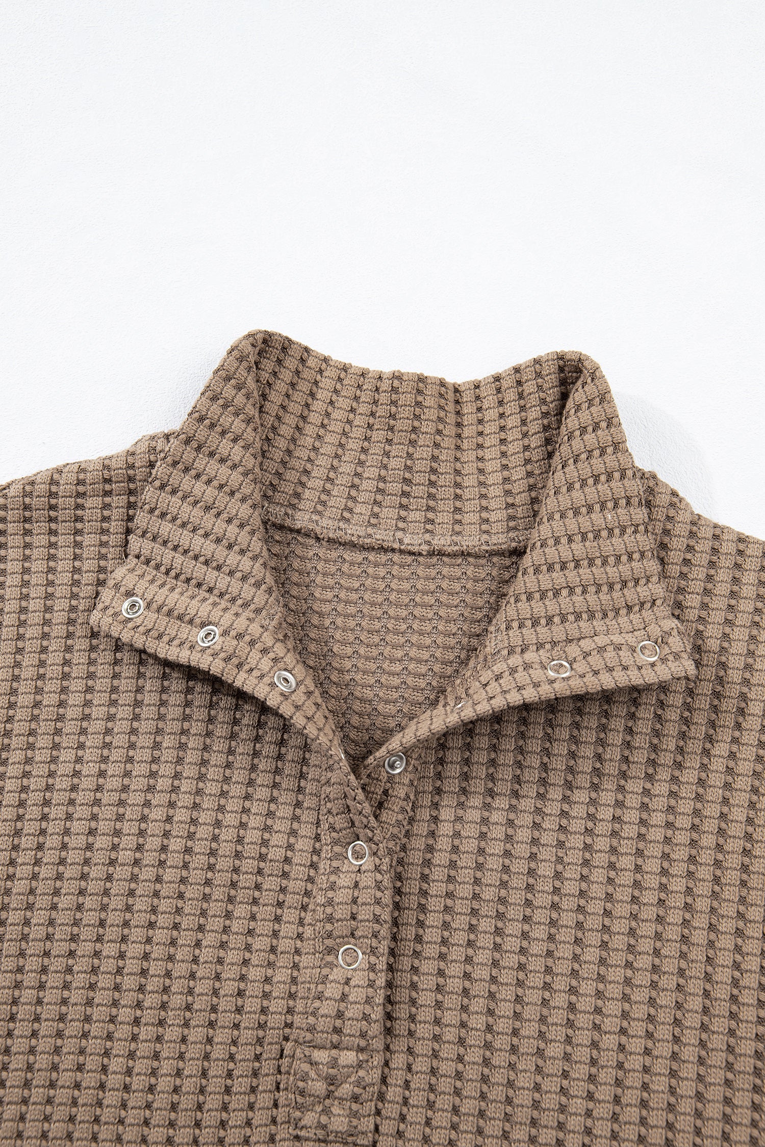 Casual Solid Color Textured Snap Button Collared Baggy Top-Tops/Long Sleeve Tops-[Adult]-[Female]-2022 Online Blue Zone Planet