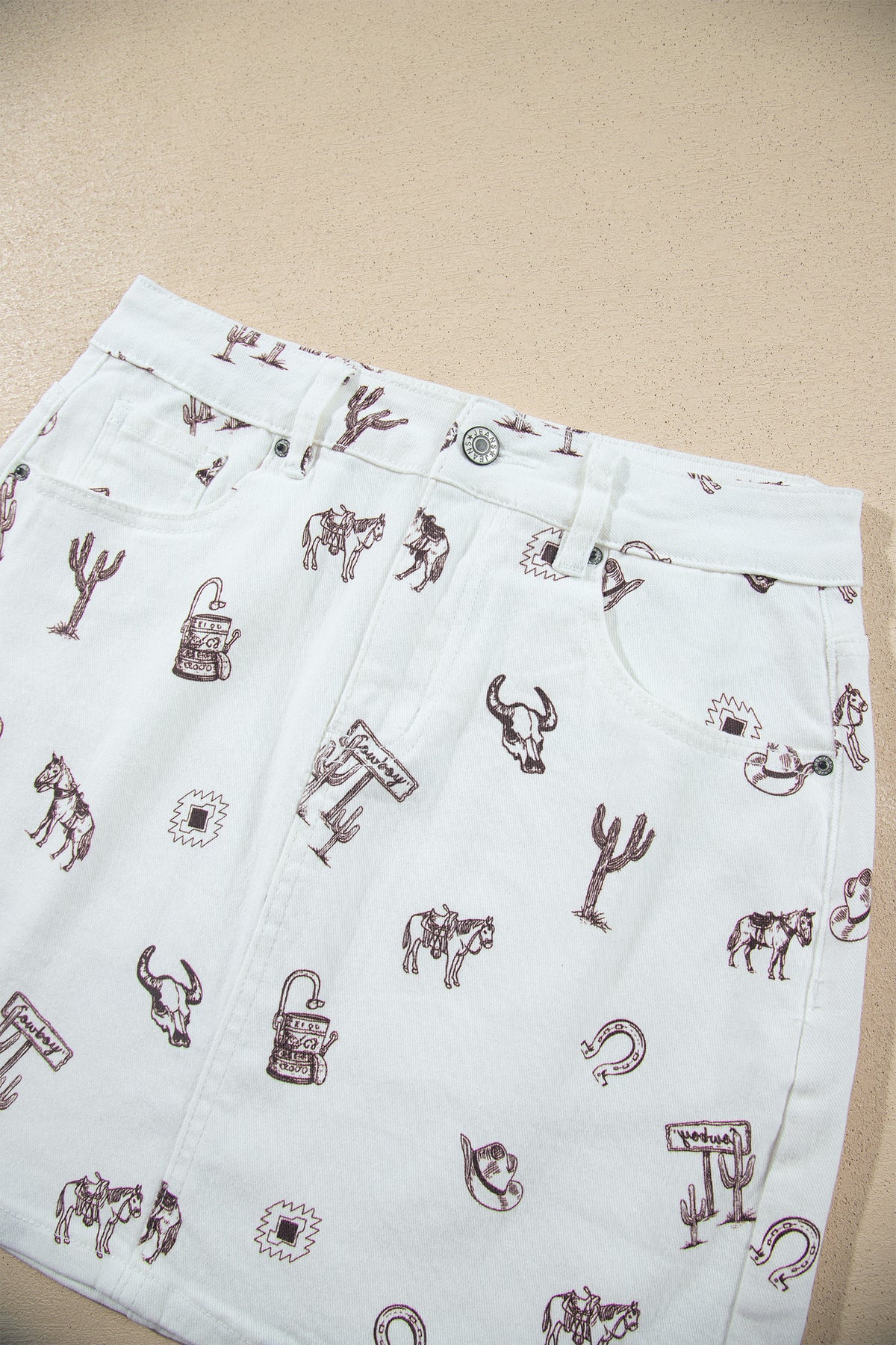 White Western Print Cactus Horse Bull Denim Skirt-Bottoms/Skirts & Petticoat-[Adult]-[Female]-2022 Online Blue Zone Planet