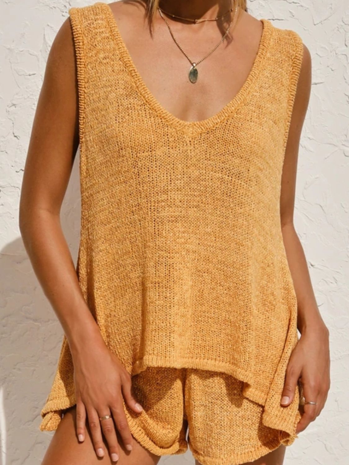 V-Neck Sleeveless Top and Drawstring Shorts Sweater Set-TOPS / DRESSES-[Adult]-[Female]-Mustard-S-2022 Online Blue Zone Planet