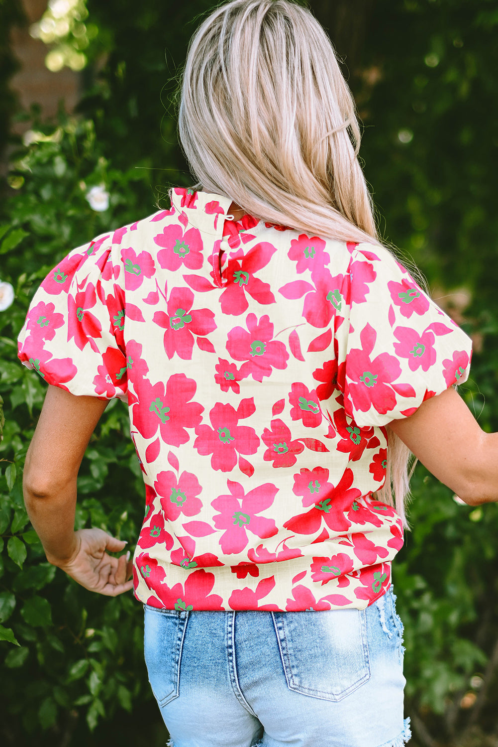 Green Floral Puff Sleeve Frilled Neckline Blouse-Tops/Blouses & Shirts-[Adult]-[Female]-2022 Online Blue Zone Planet