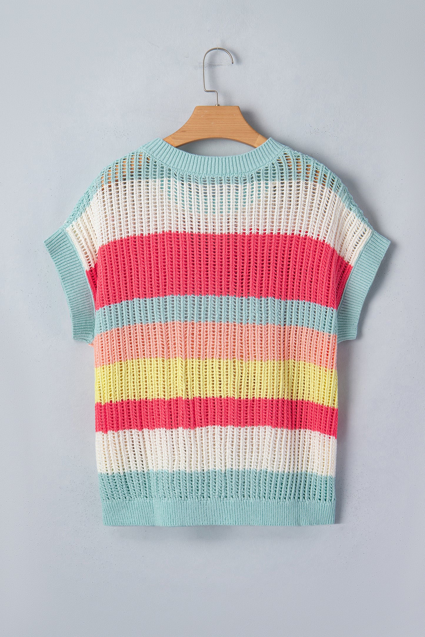 Green Stripe Color Block Hollow Out Knit Short Sleeve Sweater-TOPS / DRESSES-[Adult]-[Female]-2022 Online Blue Zone Planet