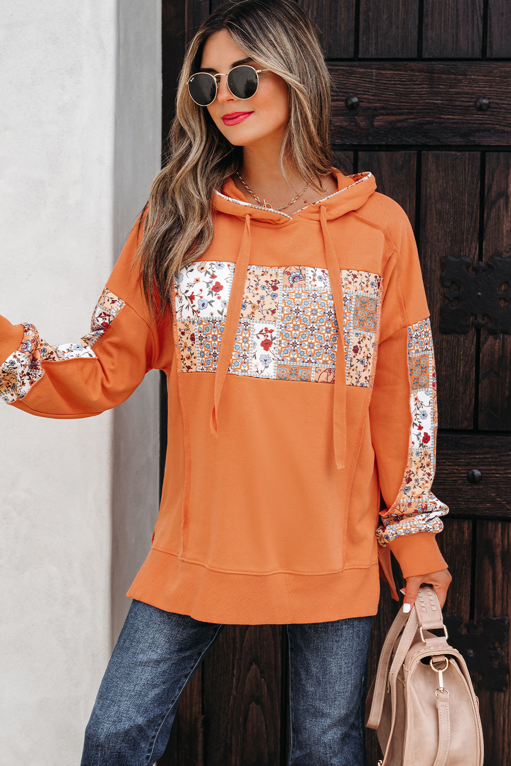 Flamingo Mix Floral Patchwork Side Slit Drawstring Hoodie-Tops / Dresses-[Adult]-[Female]-2022 Online Blue Zone Planet