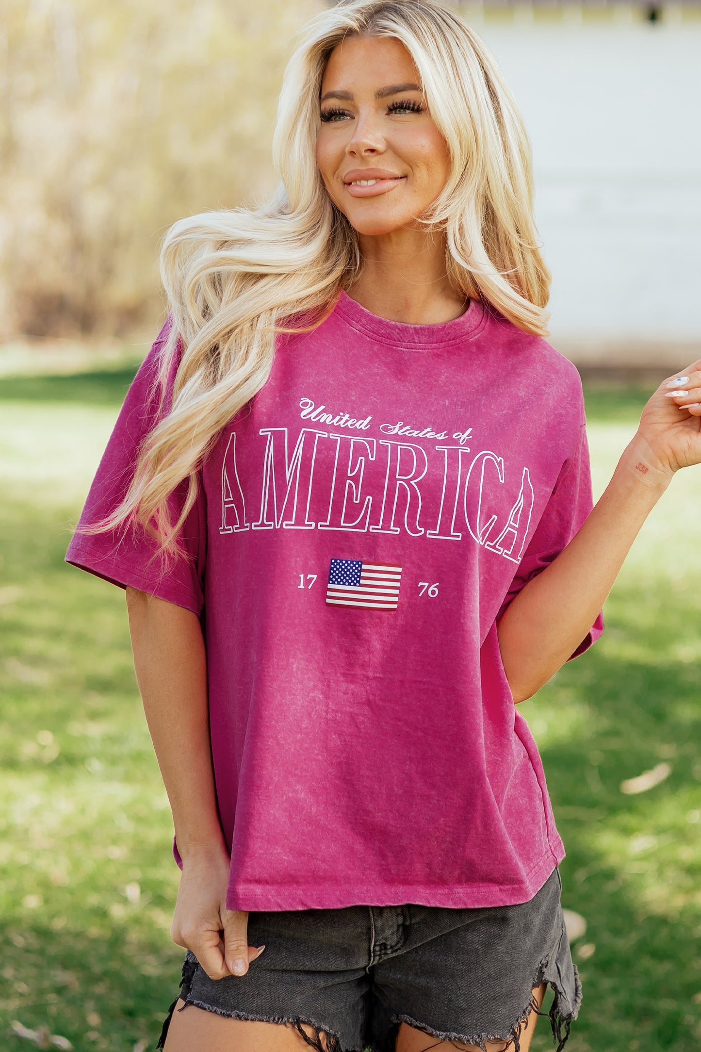 Rose Red AMERICA 1776 Graphic Mineral Wash Cotton Tee-Tops/Tops & Tees-[Adult]-[Female]-2022 Online Blue Zone Planet