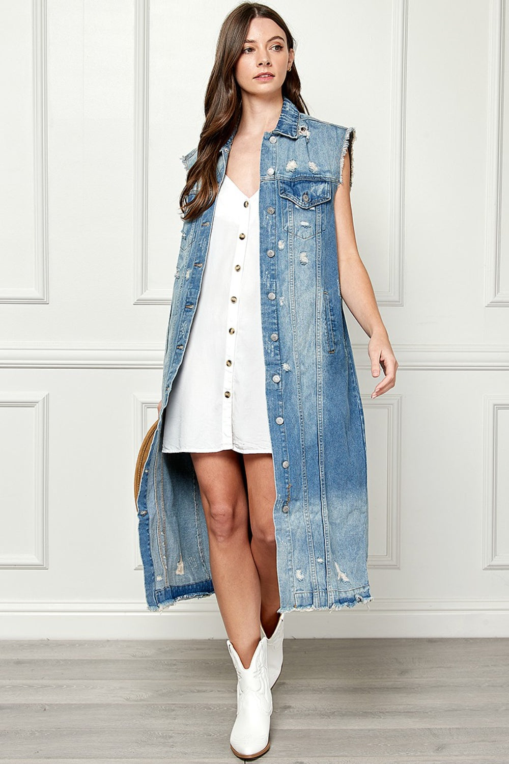 Veveret Full Size Distressed Sleeveless Longline Denim Jacket-TOPS / DRESSES-[Adult]-[Female]-2022 Online Blue Zone Planet