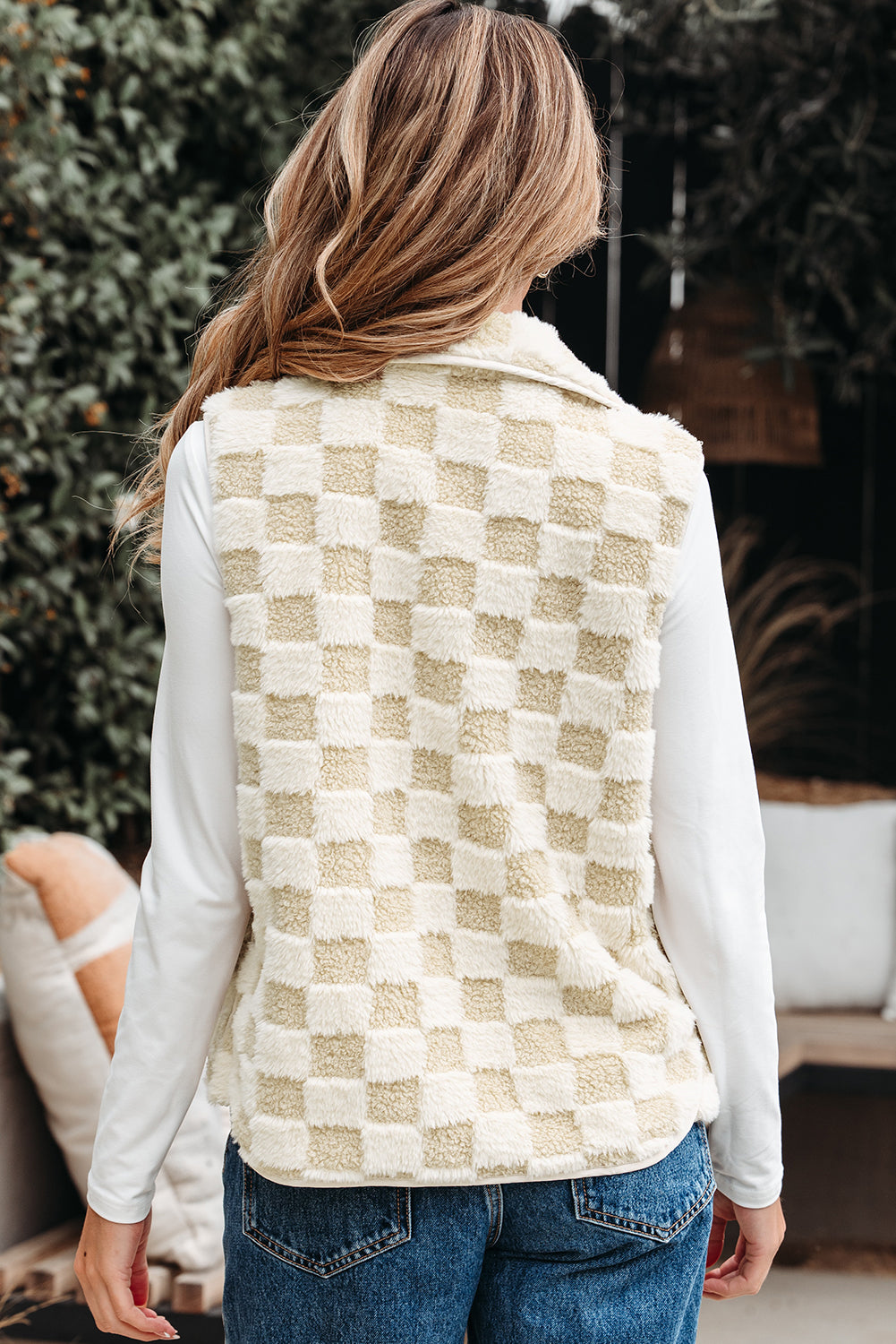 Khaki Sherpa Checkerboard Snap Button Vest Jacket With Pocket-Outerwear/Vests-[Adult]-[Female]-2022 Online Blue Zone Planet