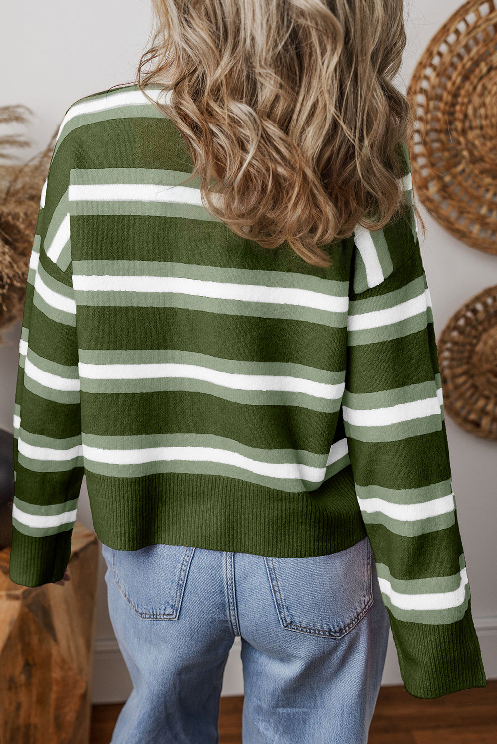 Green Stripe Drop Shoulder Buttons Cardigan Sweater-Sweaters & Cardigans/Cardigans-[Adult]-[Female]-2022 Online Blue Zone Planet