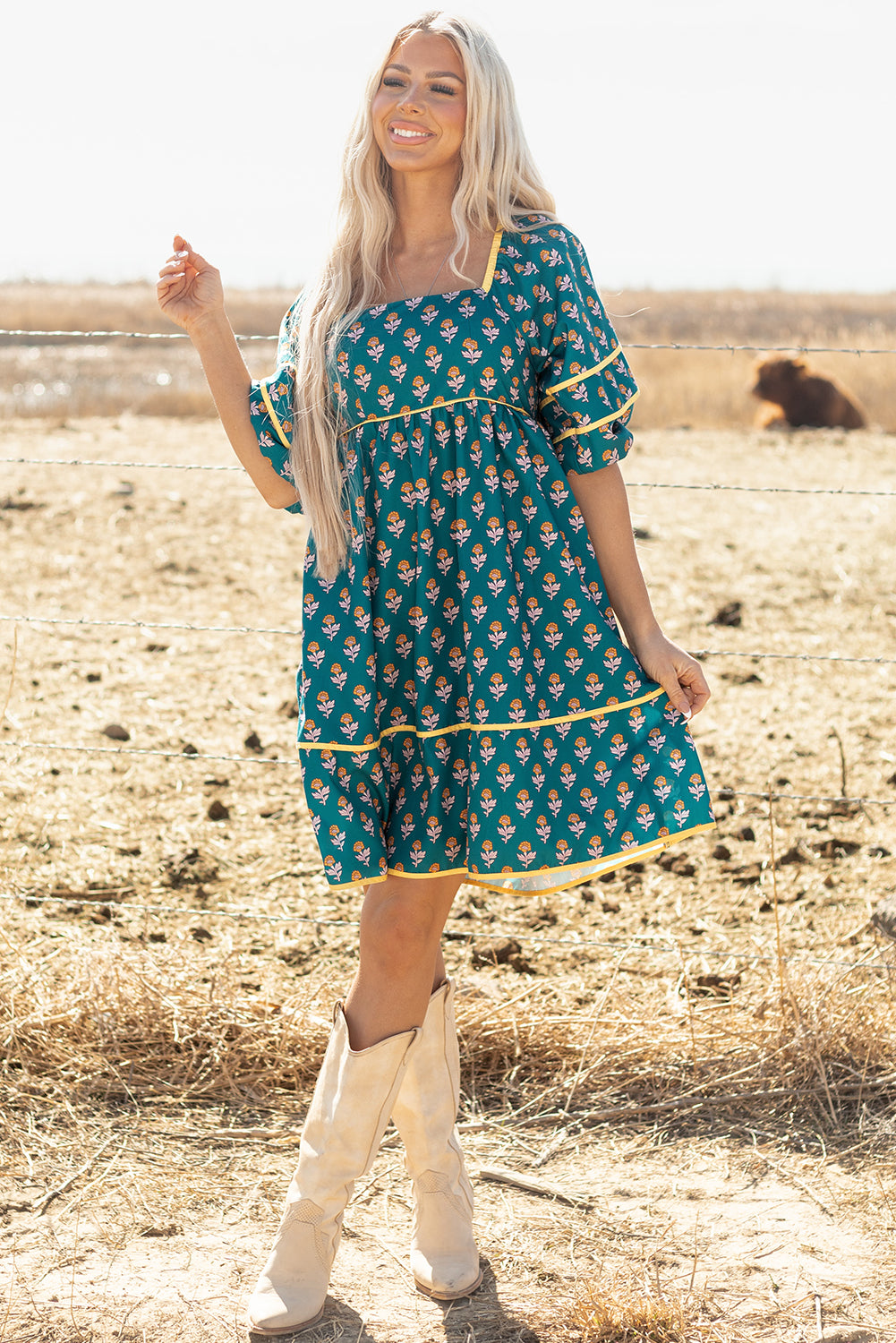 Skobeloff Floral Contrast Trim Square Neck Puff Sleeve Dress-TOPS / DRESSES-[Adult]-[Female]-2022 Online Blue Zone Planet