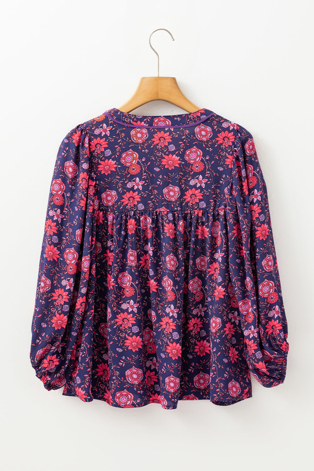 Blue Zone Planet | Purple Floral Half Sleeve Split Neck Blouse Top-Tops/Blouses & Shirts-[Adult]-[Female]-2022 Online Blue Zone Planet