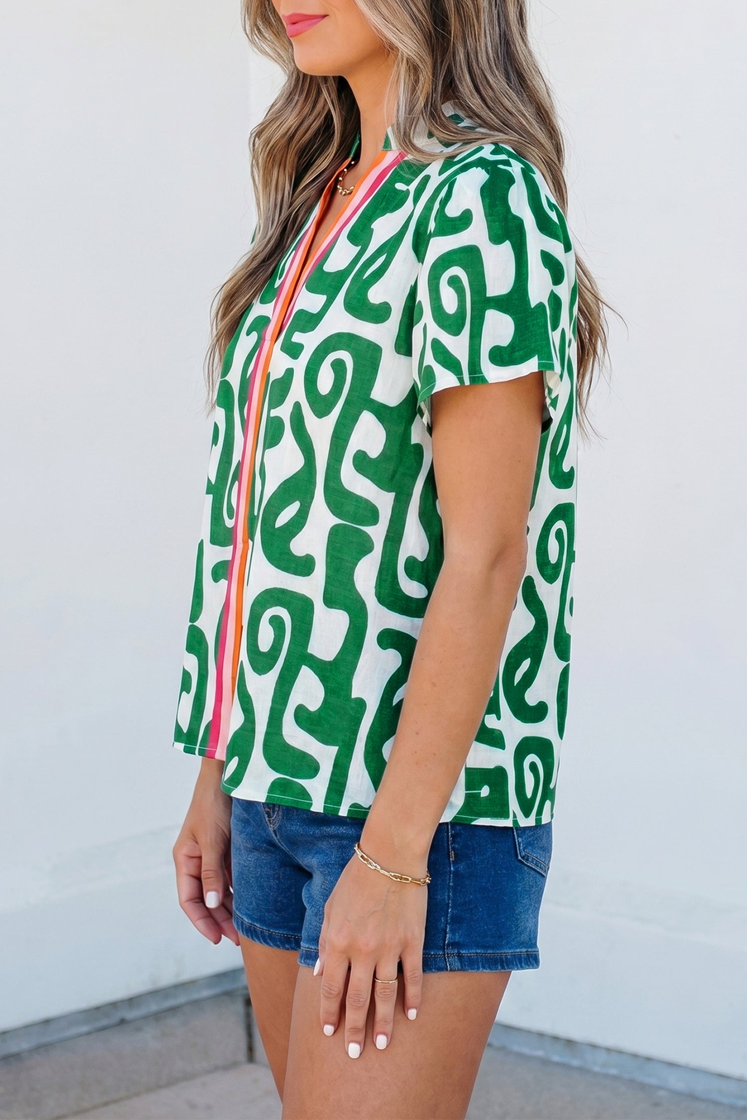 Green Abstract Print Striped Trim V Neck Short Sleeve Blouse-Tops/Blouses & Shirts-[Adult]-[Female]-2022 Online Blue Zone Planet