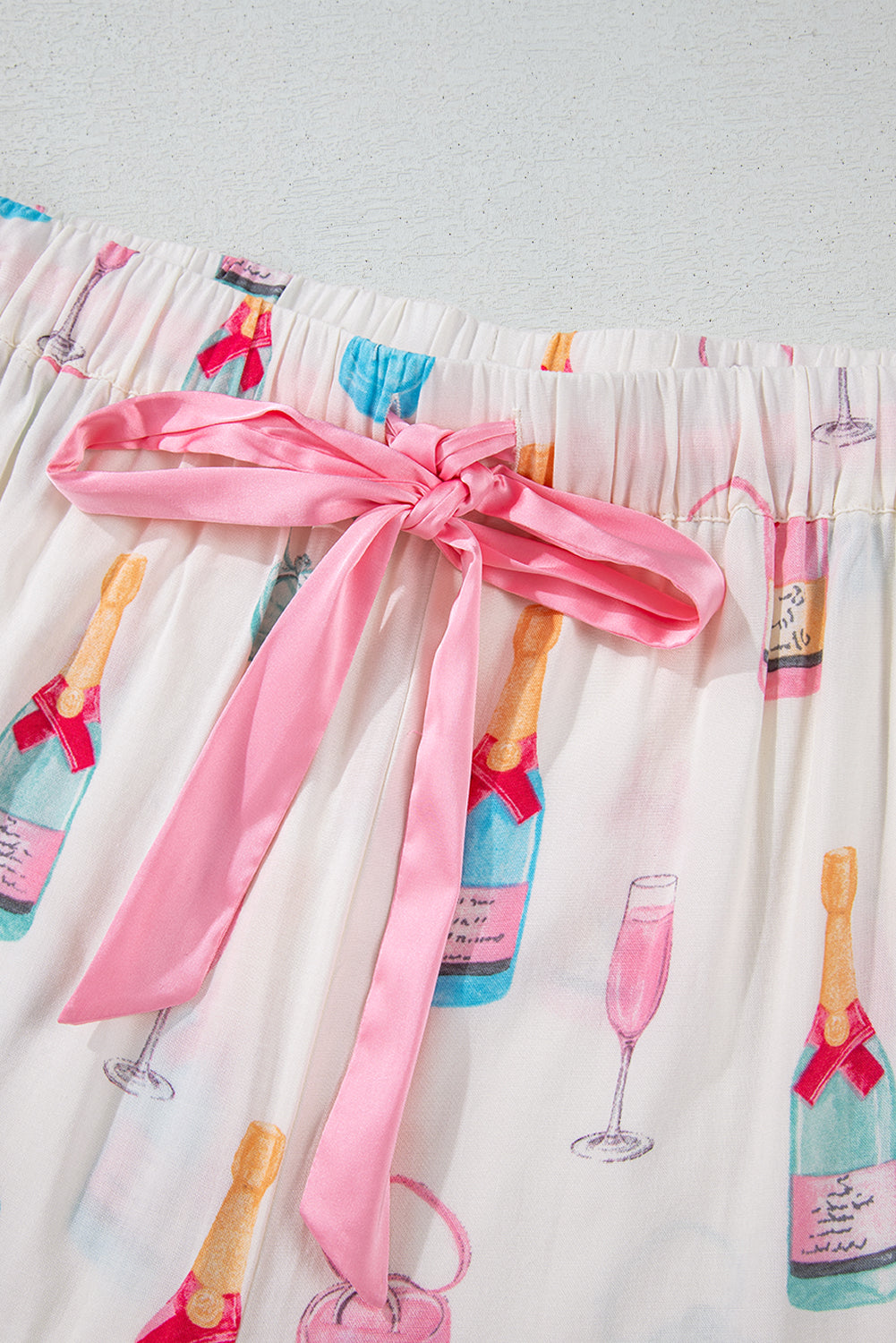White Wine Glass Print Ribbon Bow Decor Plus Size Pajama Set-Plus Size Matching Sets-[Adult]-[Female]-2022 Online Blue Zone Planet