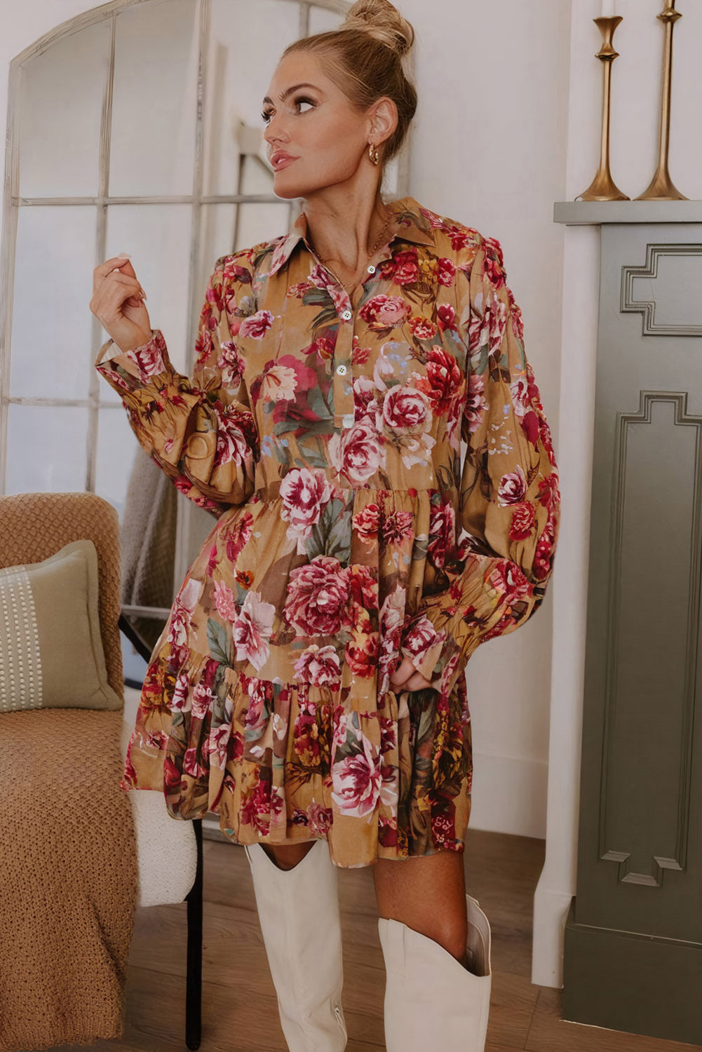 Brown Vintage Floral Print Shirt Style Half Button Long Sleeve Ruffle Mini Dress-Dresses/Floral Dresses-[Adult]-[Female]-2022 Online Blue Zone Planet