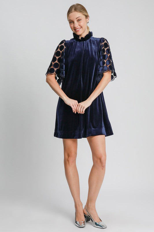 Blue Zone Planet | Umgee Dotted Lace Half Sleeve Mock Neck Back Tie Velvet Dress-TOPS / DRESSES-[Adult]-[Female]-2022 Online Blue Zone Planet