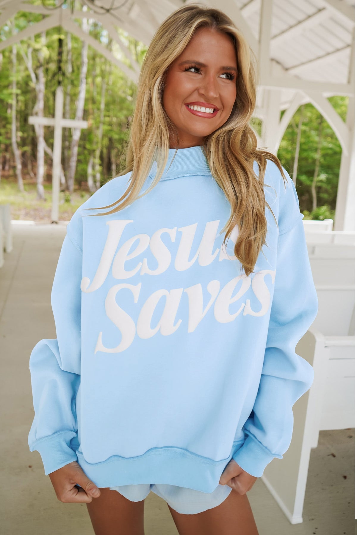 Mist Blue Jesus Saves Slogan Print Stand Neck Baggy Sweatshirt-Tops/Sweatshirts & Hoodies-[Adult]-[Female]-2022 Online Blue Zone Planet