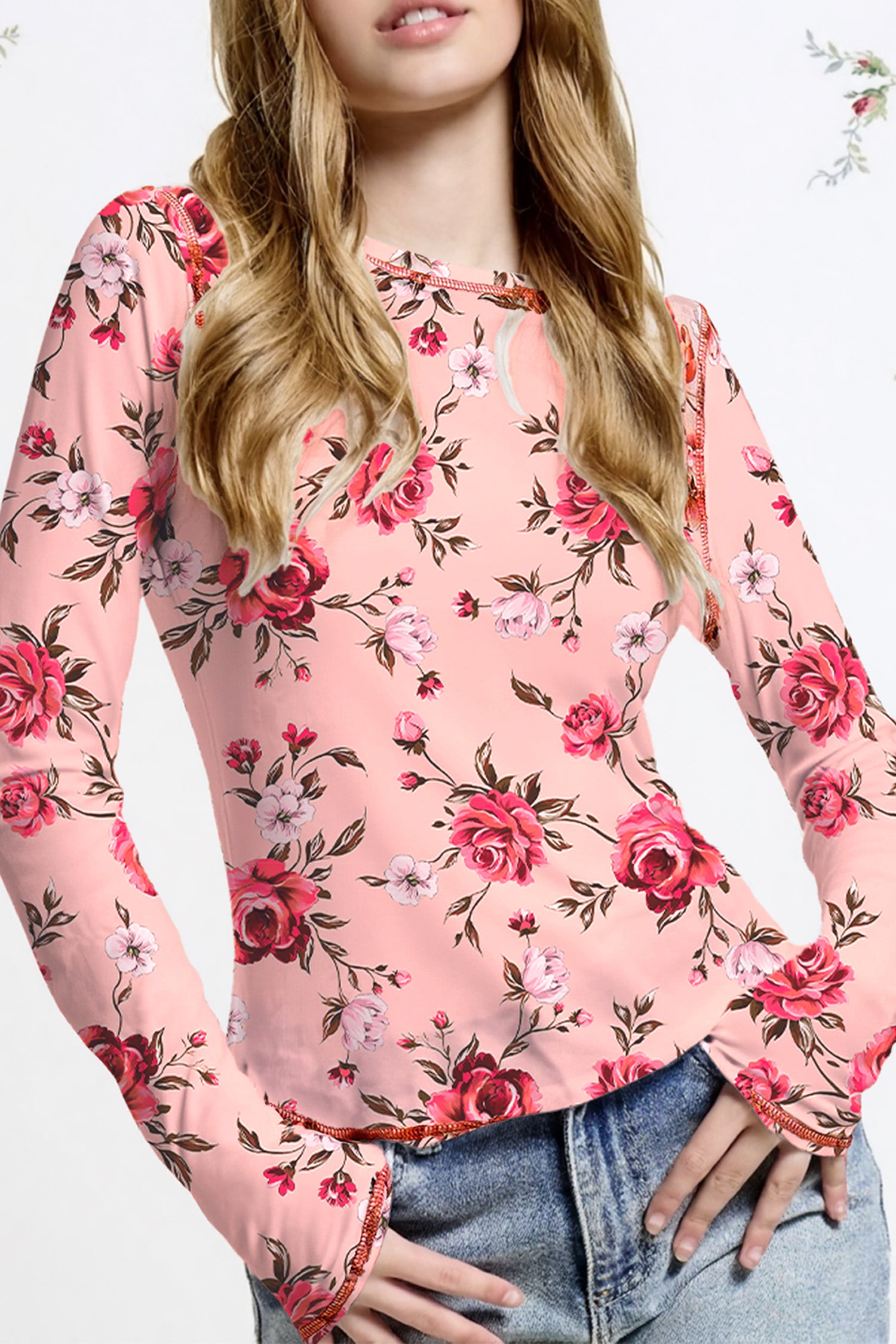 Pink Floral Print Exposed Seam Detail Mesh Long Sleeve Top-Tops/Long Sleeve Tops-[Adult]-[Female]-Pink-S-2022 Online Blue Zone Planet