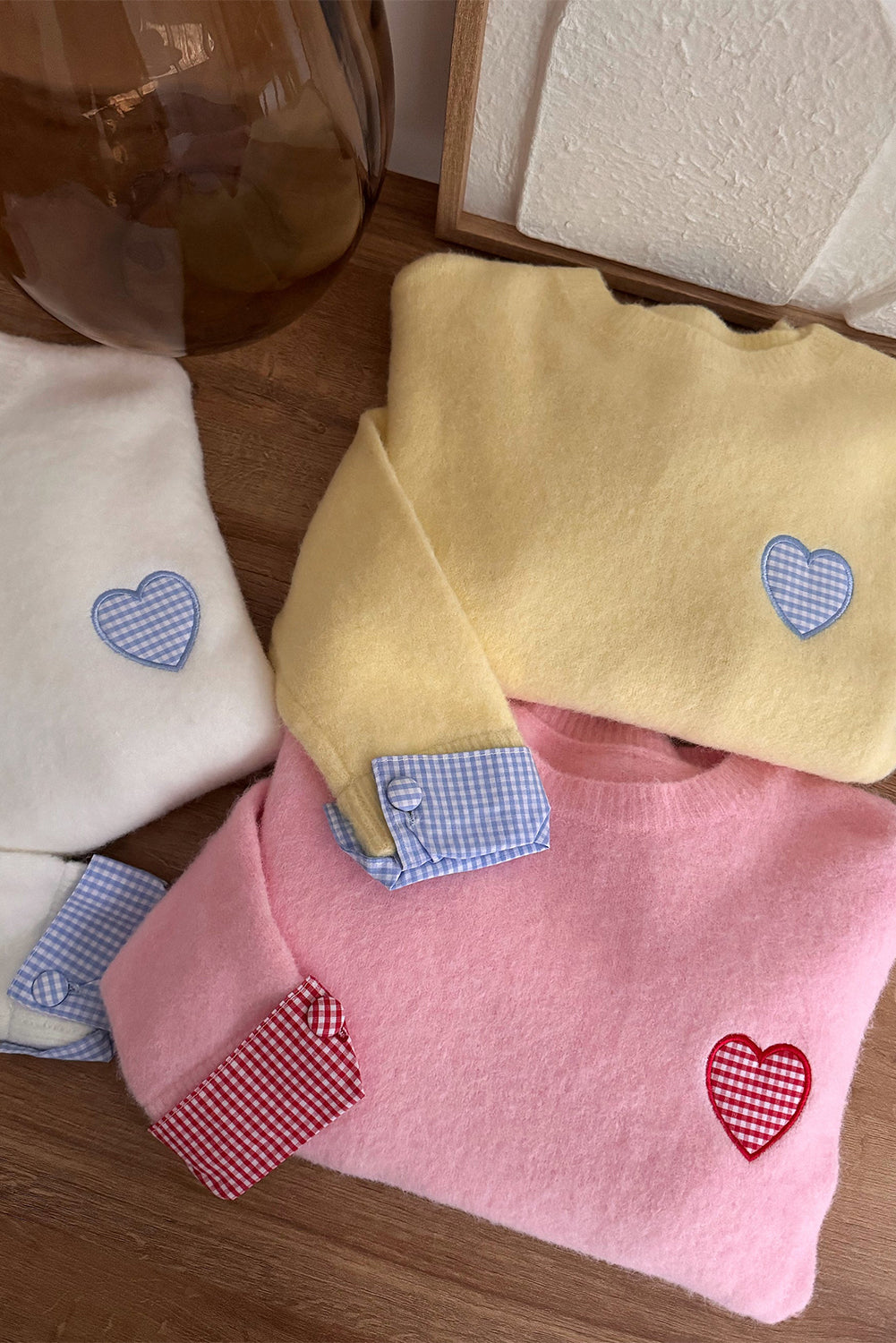 White Plaid Heart Embroidered Cuffed Drop Shoulder Crew Neck Sweater-TOPS / DRESSES-[Adult]-[Female]-2022 Online Blue Zone Planet