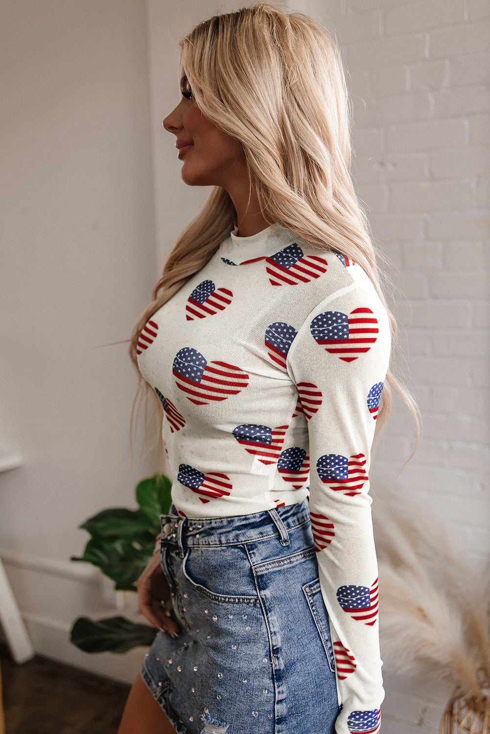 White Americana Glitter Mesh Long Sleeve Bodysuit-Tops/Bodysuits-[Adult]-[Female]-2022 Online Blue Zone Planet
