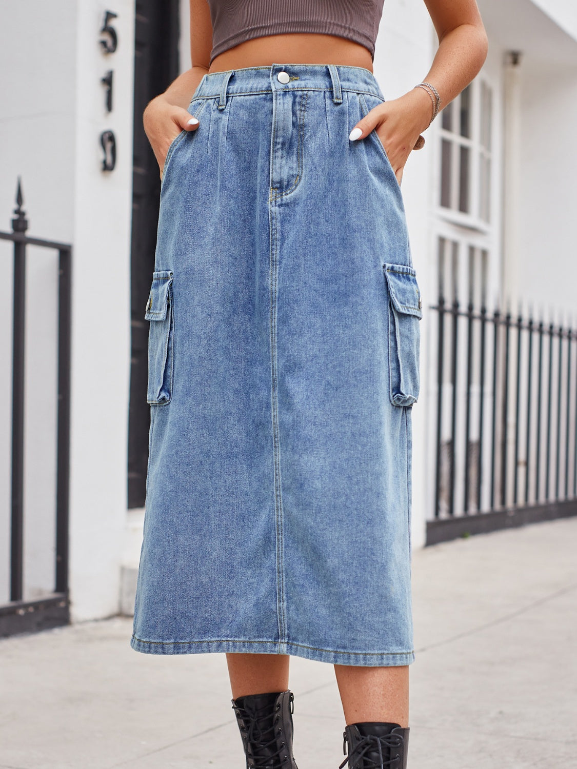 Slit Buttoned Denim Skirt with Pockets-BOTTOMS SIZES SMALL MEDIUM LARGETTOMS-[Adult]-[Female]-Dusty Blue-S-2022 Online Blue Zone Planet