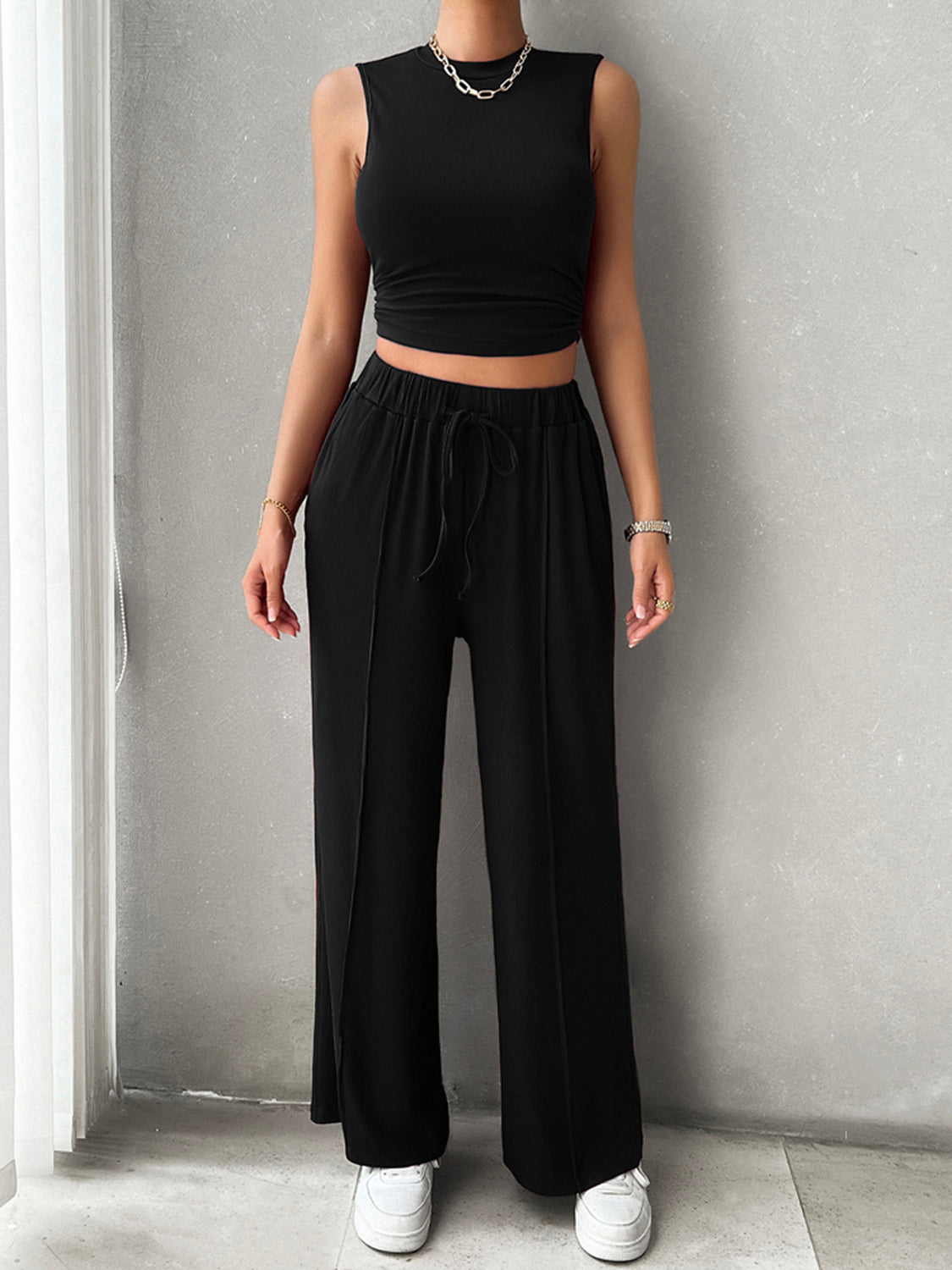 Devine Mock Neck Sleeveless Top and Drawstring Pants Set-TOPS / DRESSES-[Adult]-[Female]-Black-S-2022 Online Blue Zone Planet