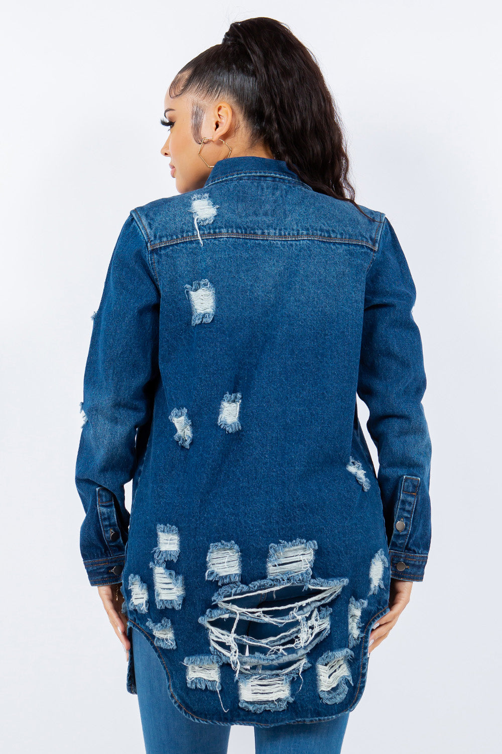 Blue Zone Planet | American Bazi Distressed Button Up Long Sleeve Denim Jacket-TOPS / DRESSES-[Adult]-[Female]-2022 Online Blue Zone Planet