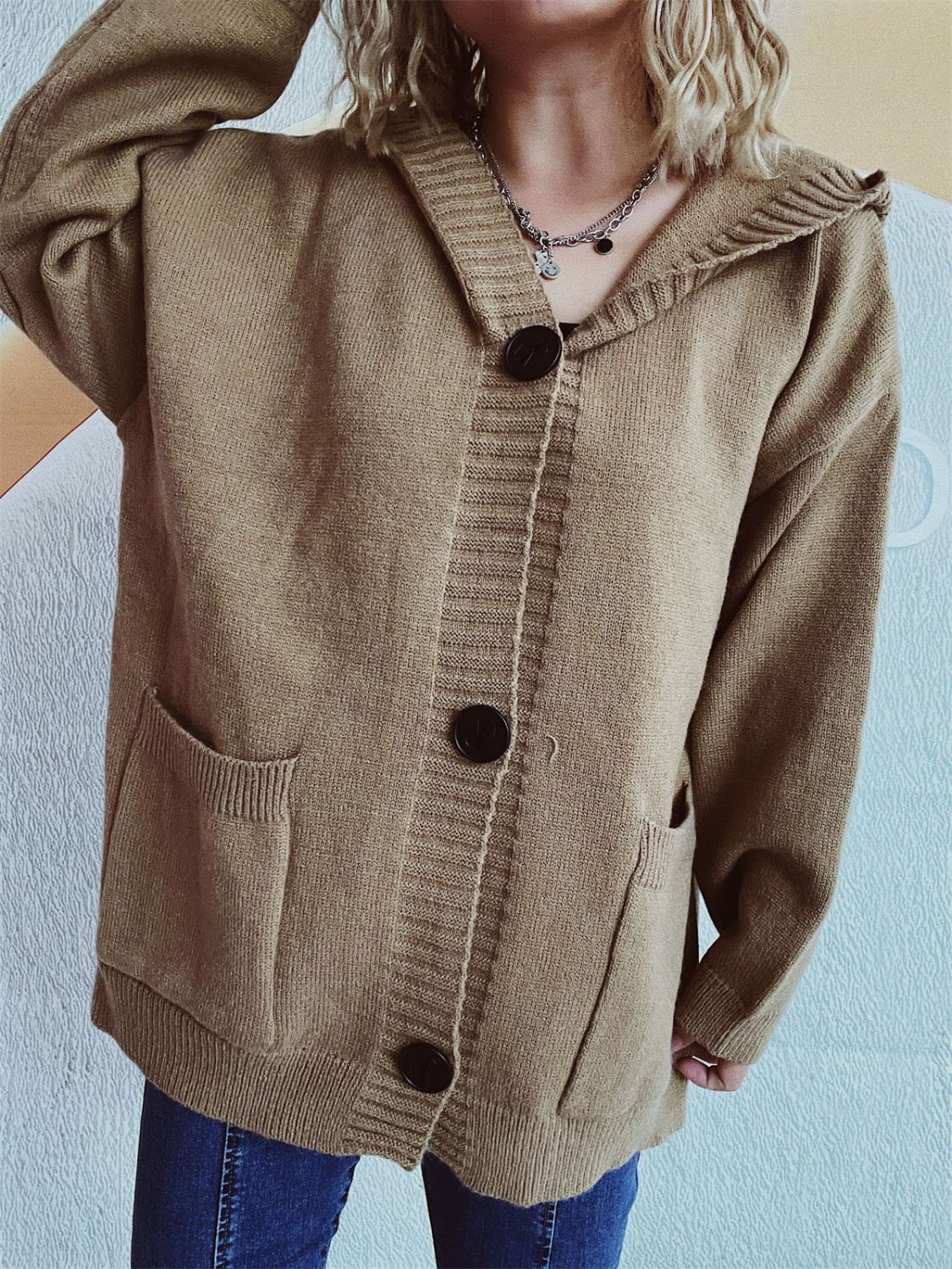 Dropped Shoulder Long Sleeve Hooded Cardigan-TOPS / DRESSES-[Adult]-[Female]-Taupe-One Size-2022 Online Blue Zone Planet