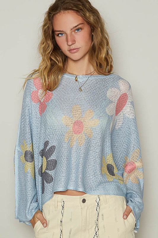 POL Flower Dropped Shoulder Long Sleeve Knit Top-TOPS / DRESSES-[Adult]-[Female]-Baby Blue-S-2022 Online Blue Zone Planet