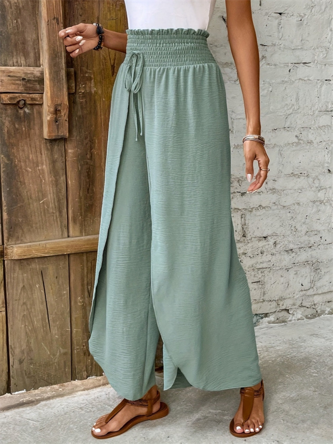 Tied High Waist Wide Leg Pants-BOTTOMS SIZES SMALL MEDIUM LARGE-[Adult]-[Female]-2022 Online Blue Zone Planet