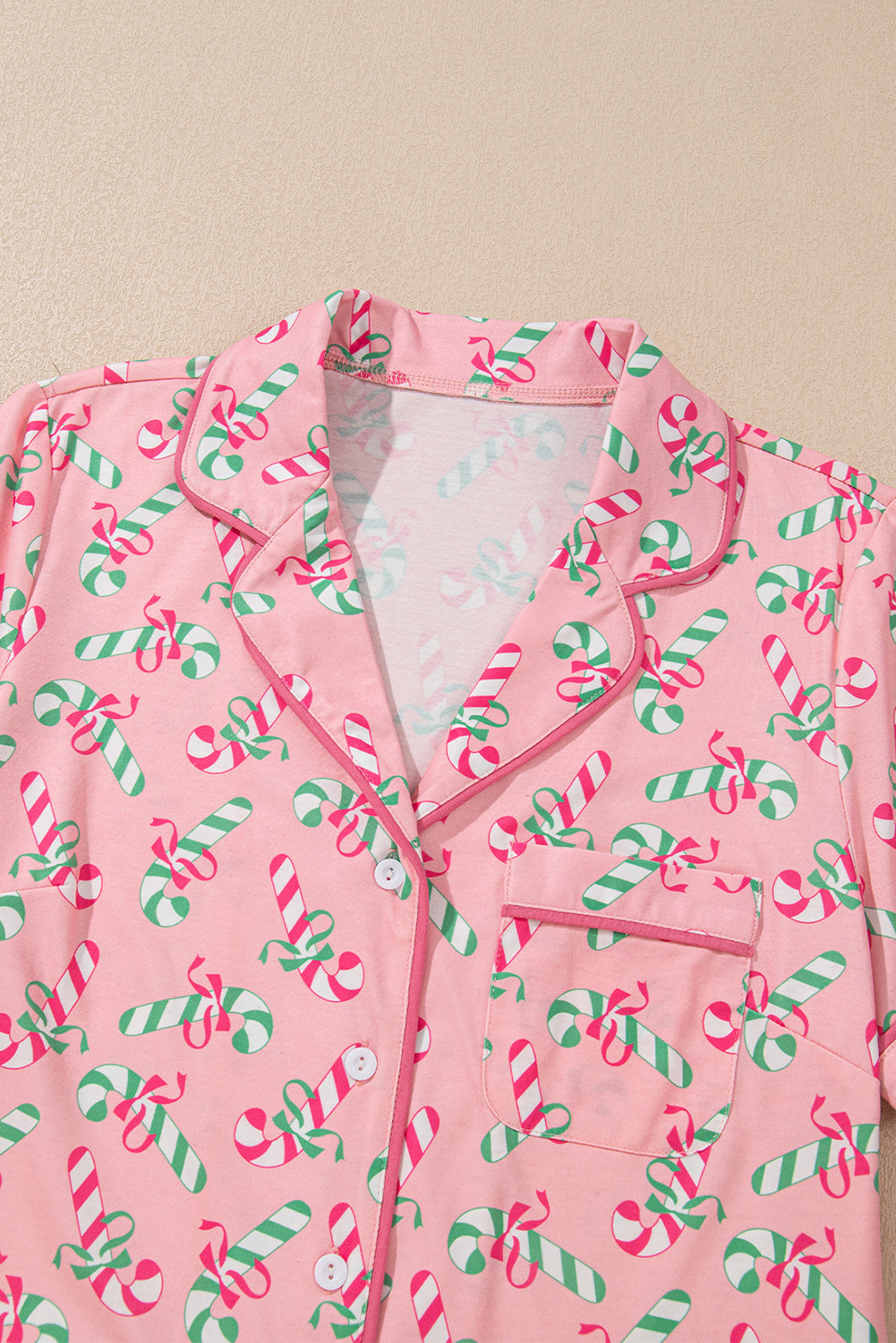 Pink Christmas Candy Cane Print Pocketed Knotted Pajama Set-Loungewear & Sleepwear/Sleepwear-[Adult]-[Female]-2022 Online Blue Zone Planet