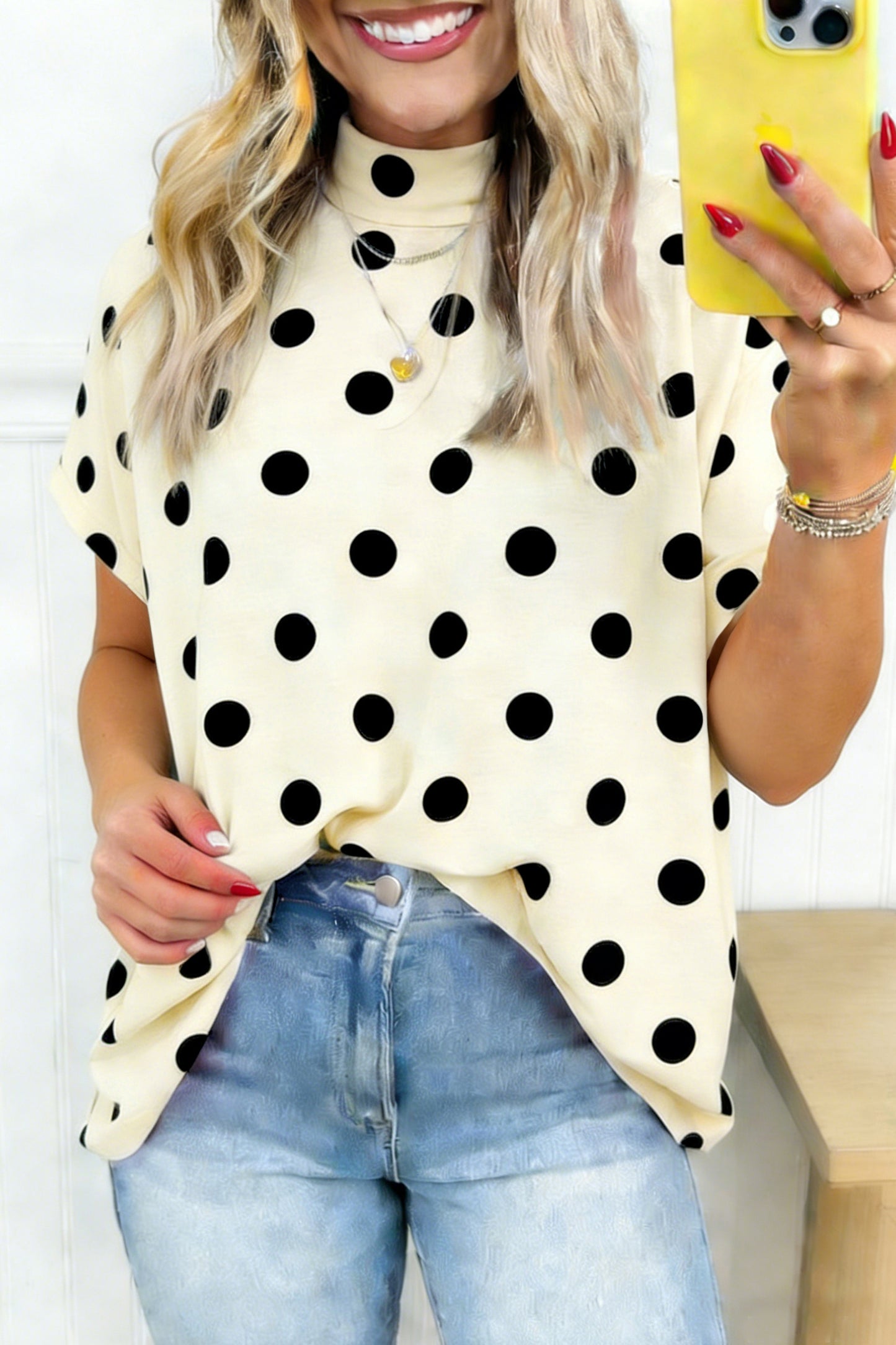 Beige Polka Dot Print High Neck Dolman Top-Tops/Tops & Tees-[Adult]-[Female]-Beige-S-2022 Online Blue Zone Planet