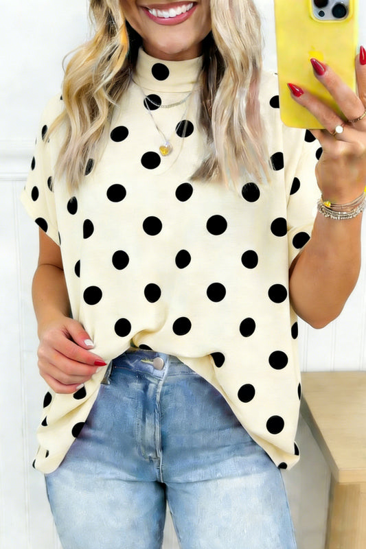Beige Polka Dot Print High Neck Dolman Top-Tops/Tops & Tees-[Adult]-[Female]-Beige-S-2022 Online Blue Zone Planet