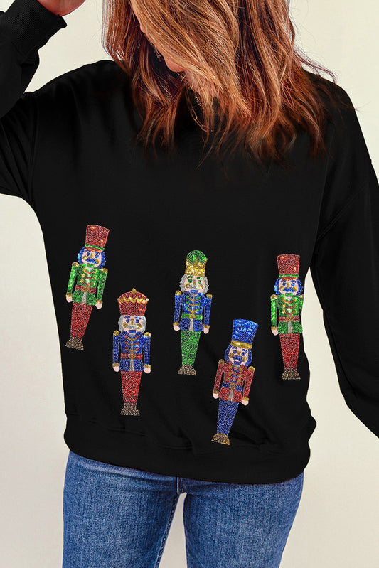 Black Sequined Nutcracker Doll Graphic Sweatshirt-Graphic/Graphic Sweatshirts-[Adult]-[Female]-Black-S-2022 Online Blue Zone Planet