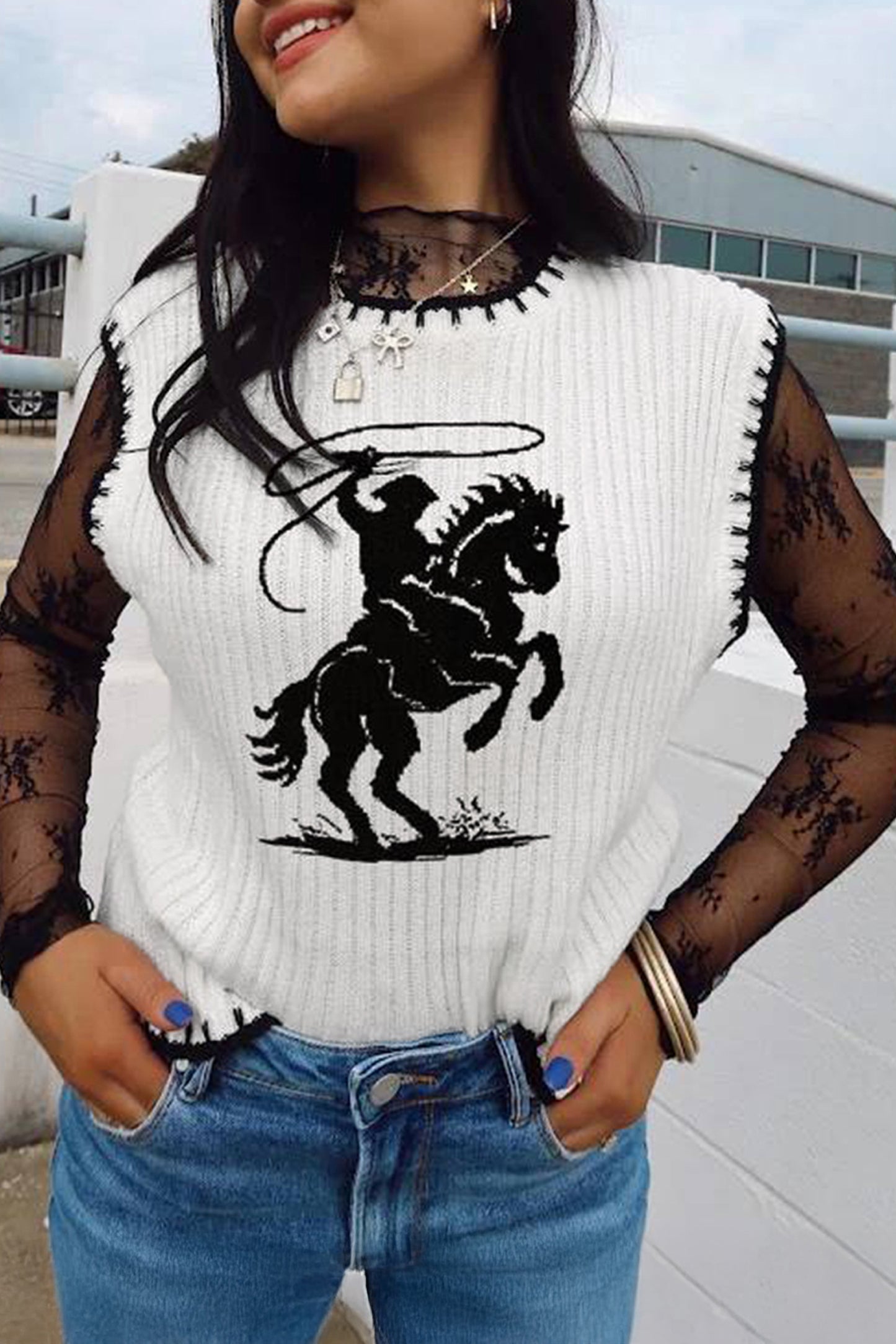 White Contrast Trim Round Neck Rodeo Cowboy Sweater Vest-Sweaters & Cardigans/Sweater Vests-[Adult]-[Female]-White-S-2022 Online Blue Zone Planet