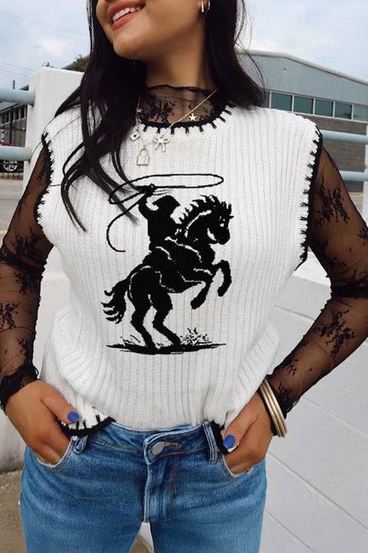 White Contrast Trim Round Neck Rodeo Cowboy Sweater Vest-Sweaters & Cardigans/Sweater Vests-[Adult]-[Female]-White-S-2022 Online Blue Zone Planet