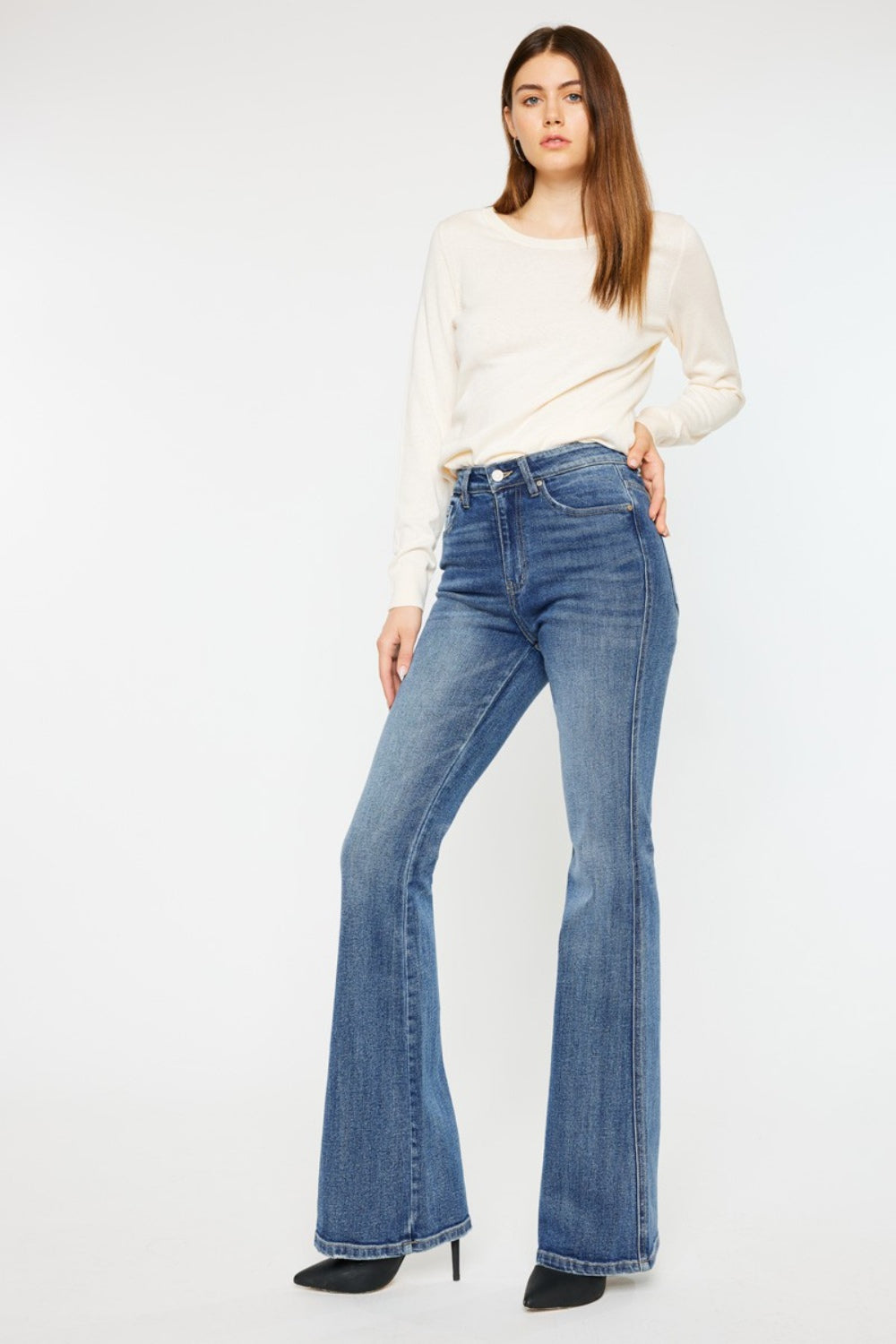 Kancan Cat's Whiskers High Waist Flare Jeans-BOTTOMS SIZES SMALL MEDIUM LARGE-[Adult]-[Female]-2022 Online Blue Zone Planet