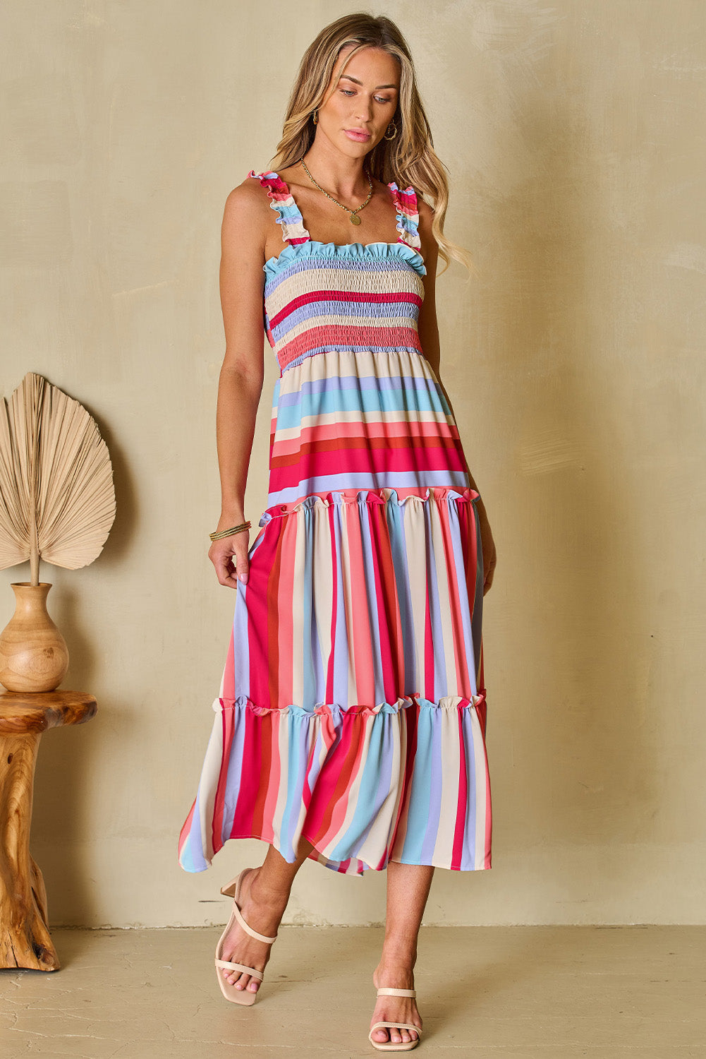 Red Stripe Ruffled Straps Smocked Tiered Long Dress-TOPS / DRESSES-[Adult]-[Female]-2022 Online Blue Zone Planet