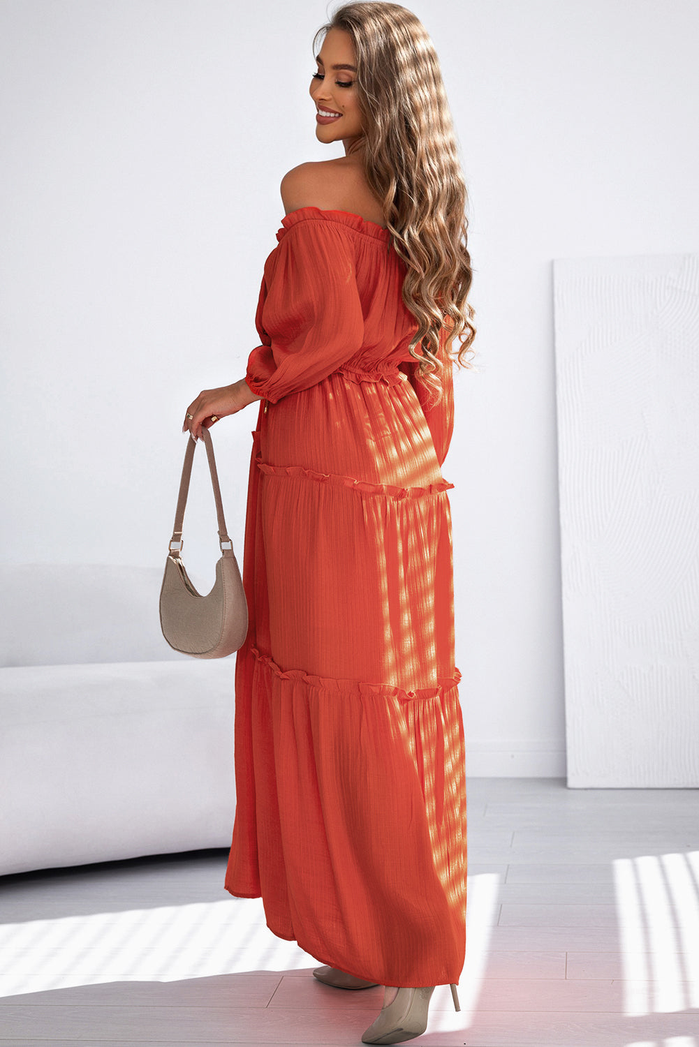 Blue Zone Planet | Orange Off Shoulder Balloon Sleeve Cutout Ruffled Maxi Dress-TOPS / DRESSES-[Adult]-[Female]-2022 Online Blue Zone Planet