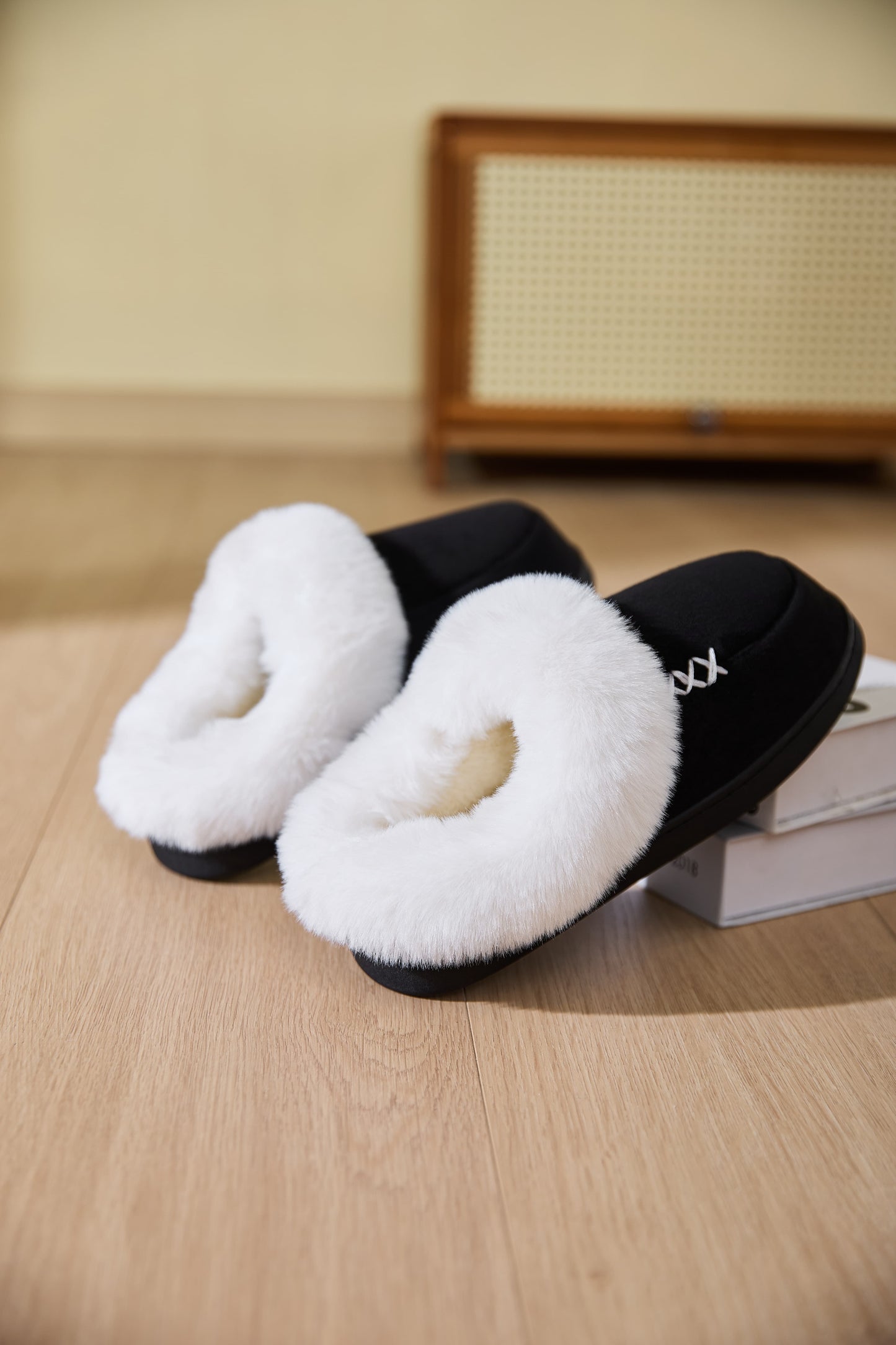 Fluff Trim Round Toe Flat Slippers-SLIPPERS-[Adult]-[Female]-2022 Online Blue Zone Planet