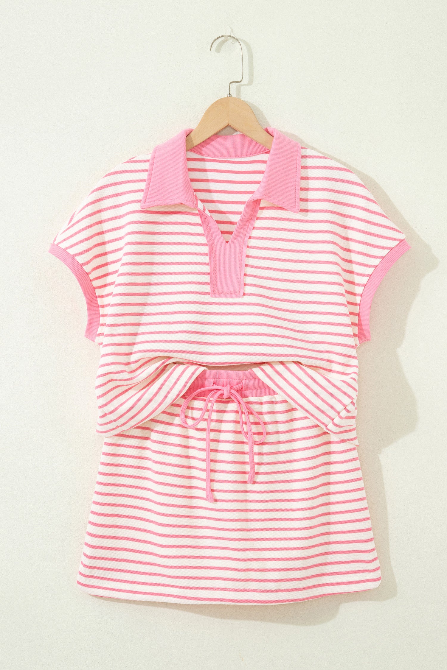 Pink Stripe Color Block Patchwork Polo Tee Drawstring Elastic Waist 2pcs Skort Set-Two Piece Sets/Two Piece Dresses-[Adult]-[Female]-2022 Online Blue Zone Planet