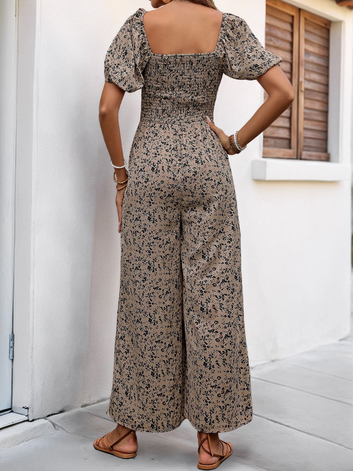 Perfee Smocked Printed Square Neck Puff Sleeve Jumpsuit-TOPS / DRESSES-[Adult]-[Female]-2022 Online Blue Zone Planet