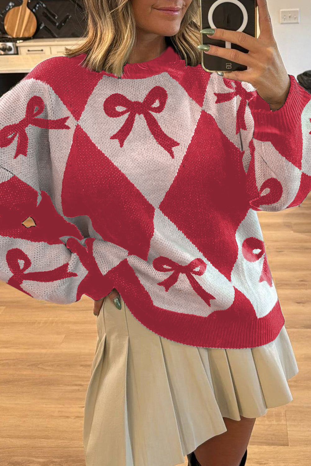 Red Bow Print 2-tone Rhombus Knit Loose Sweater-TOPS / DRESSES-[Adult]-[Female]-Red-S-2022 Online Blue Zone Planet