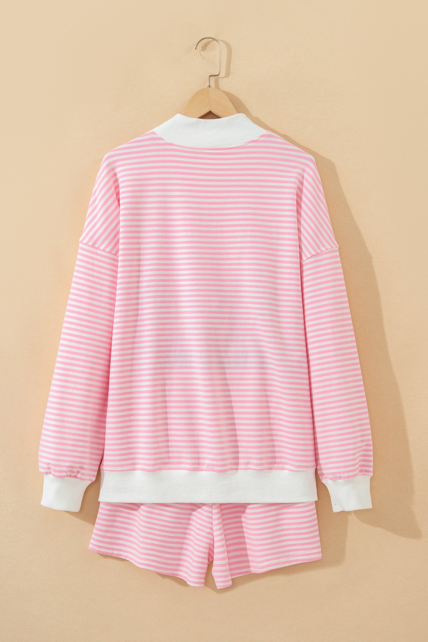 Pink Stripe Oversize Mock Neck Sweatshirt and Shorts Set-Two Piece Sets/Short Sets-[Adult]-[Female]-2022 Online Blue Zone Planet
