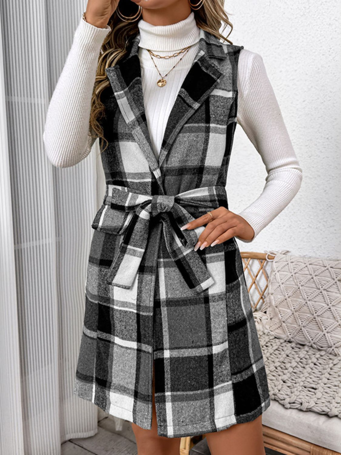 Perfee Tied Plaid Vest Coat-TOPS / DRESSES-[Adult]-[Female]-2022 Online Blue Zone Planet