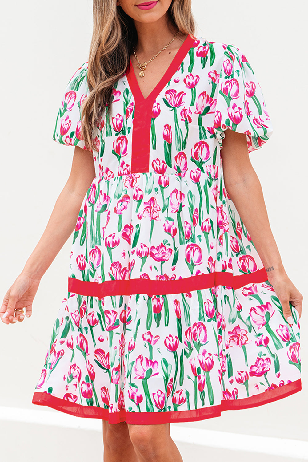 Pink Floral Print Contrast Trim V Neck Bubble Short Sleeve Babydoll Dress-TOPS / DRESSES-[Adult]-[Female]-2022 Online Blue Zone Planet